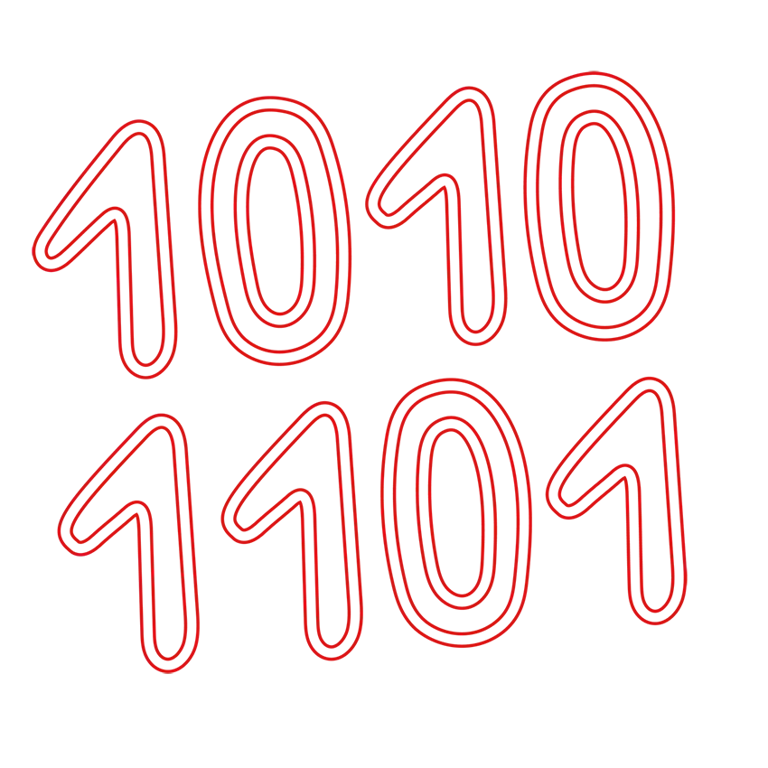 hilfe-onLine-digital Umrissene Binärzahlen "1010" und "1010" in der oberen Reihe und "1101" und "1101" in der unteren Reihe, gezeichnet mit dicken roten Linien auf weißem Hintergrund.