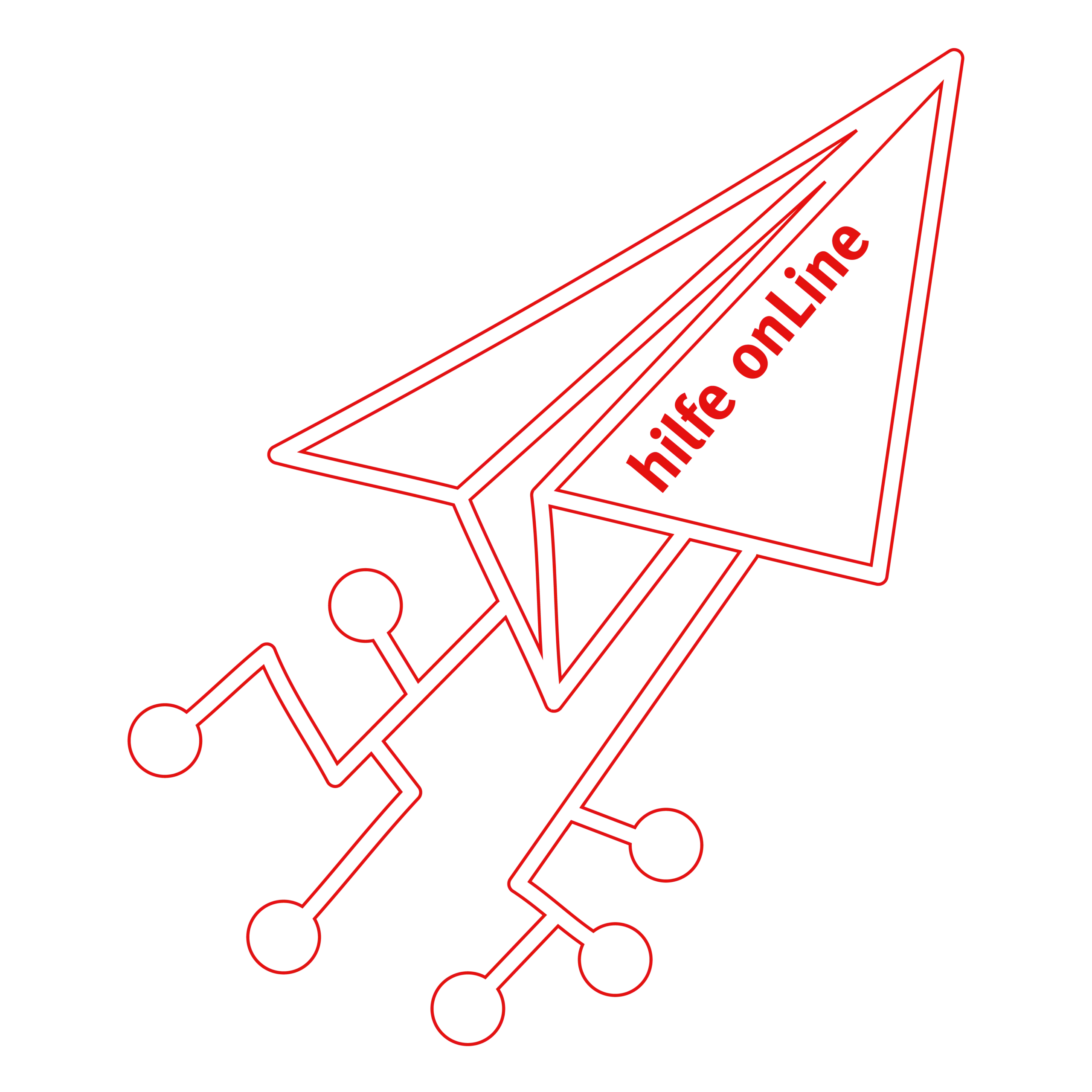 hilfe-onLine-Bremen-Systemhaus Roter Umriss eines Papierflugzeugs mit dem Text "hilfe online" auf der Tragfläche; der Schwanz verwandelt sich in kreislaufartige Linien und Knoten, die digitale Kommunikation oder Online-Hilfe symbolisieren.