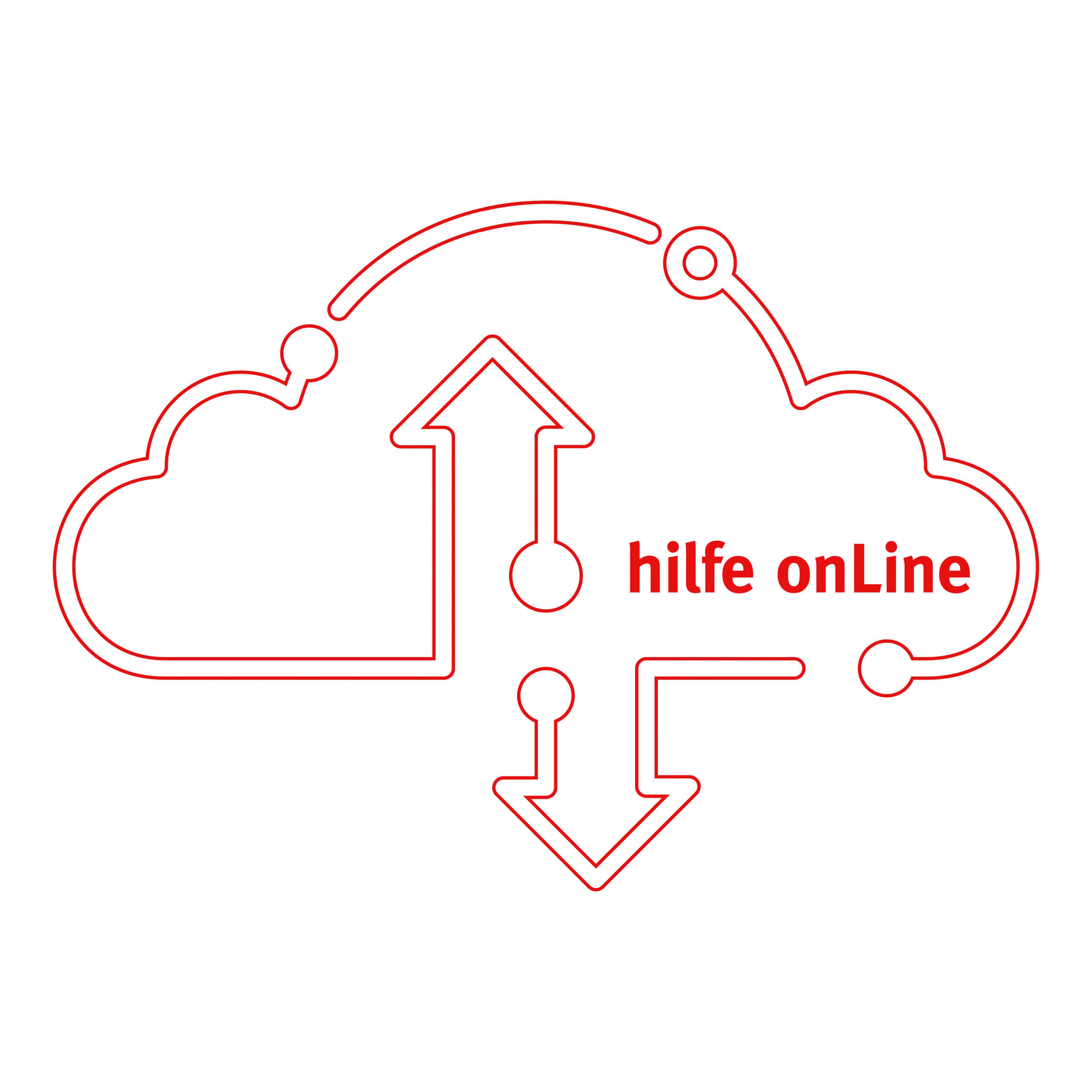 Roter Umriss einer Wolke mit Auf- und Abwärtspfeilen im Inneren; rechts neben den Pfeilen steht der Text „hilfe onLine“