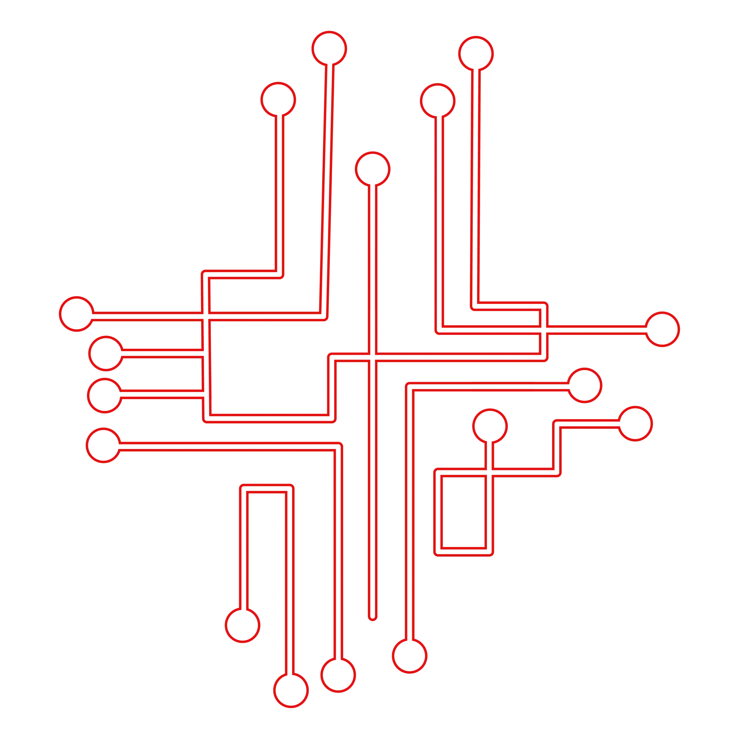 hilfe-onLine_Bremen_it-Service Ein rotes Leiterplattenmuster, das ein symmetrisches, abstraktes Design mit verbundenen Linien und kreisförmigen Knotenpunkten auf weißem Hintergrund bildet.